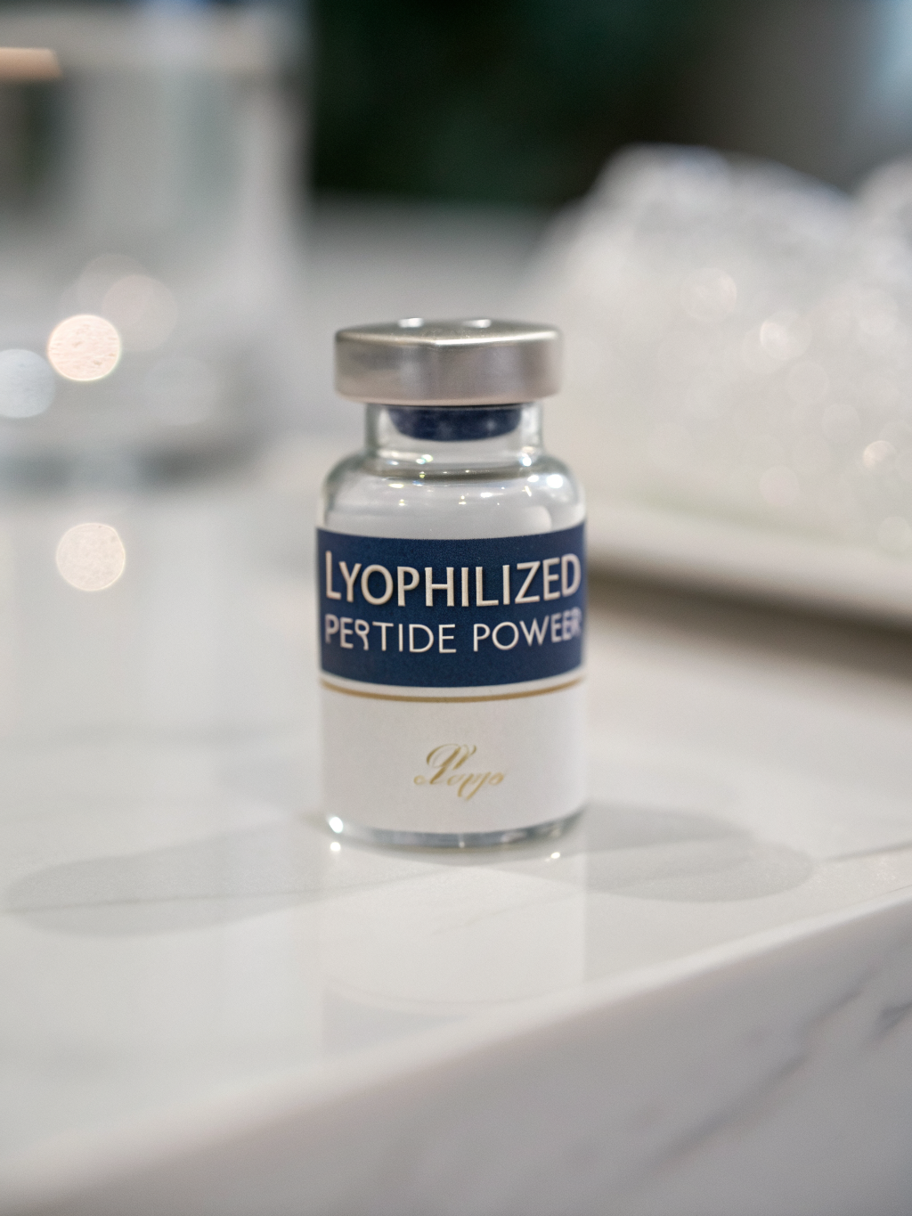 Lyophilized research peptide vial with laboratory gold seal