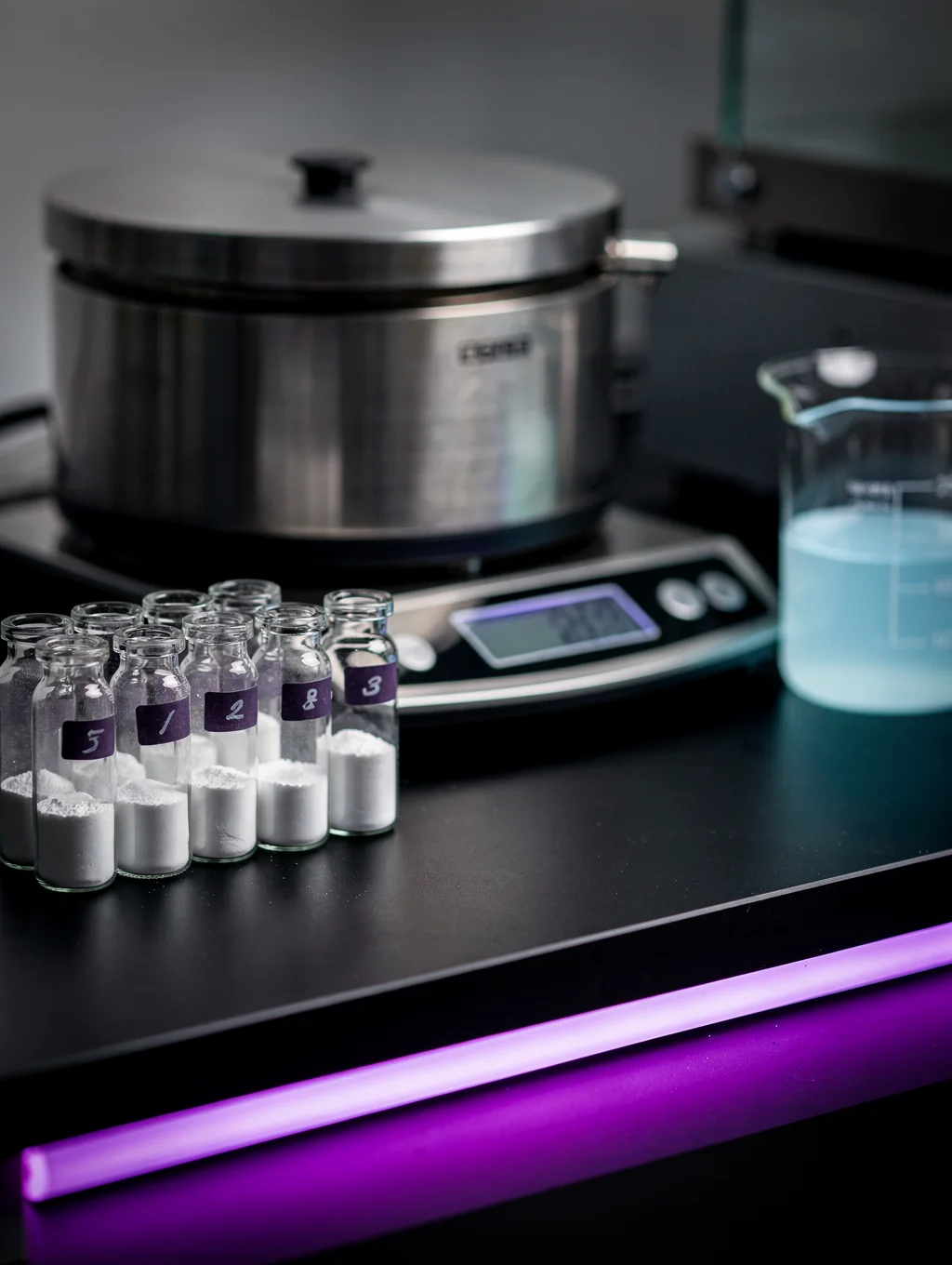 Laboratory analytical bench with peptide vials and high-precision testing apparatus