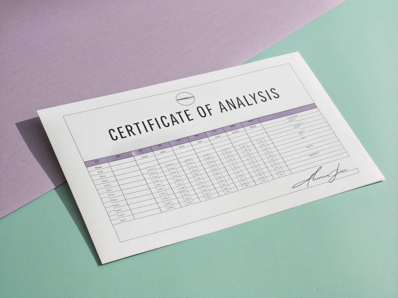 Digital analytical Certificate of Analysis document alongside laboratory research materials
