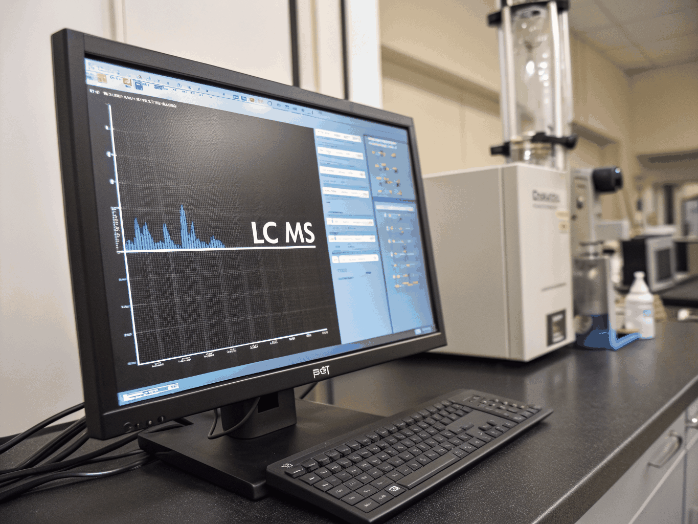 Detailed mass spectrometry chromatogram display with molecular peak traces
